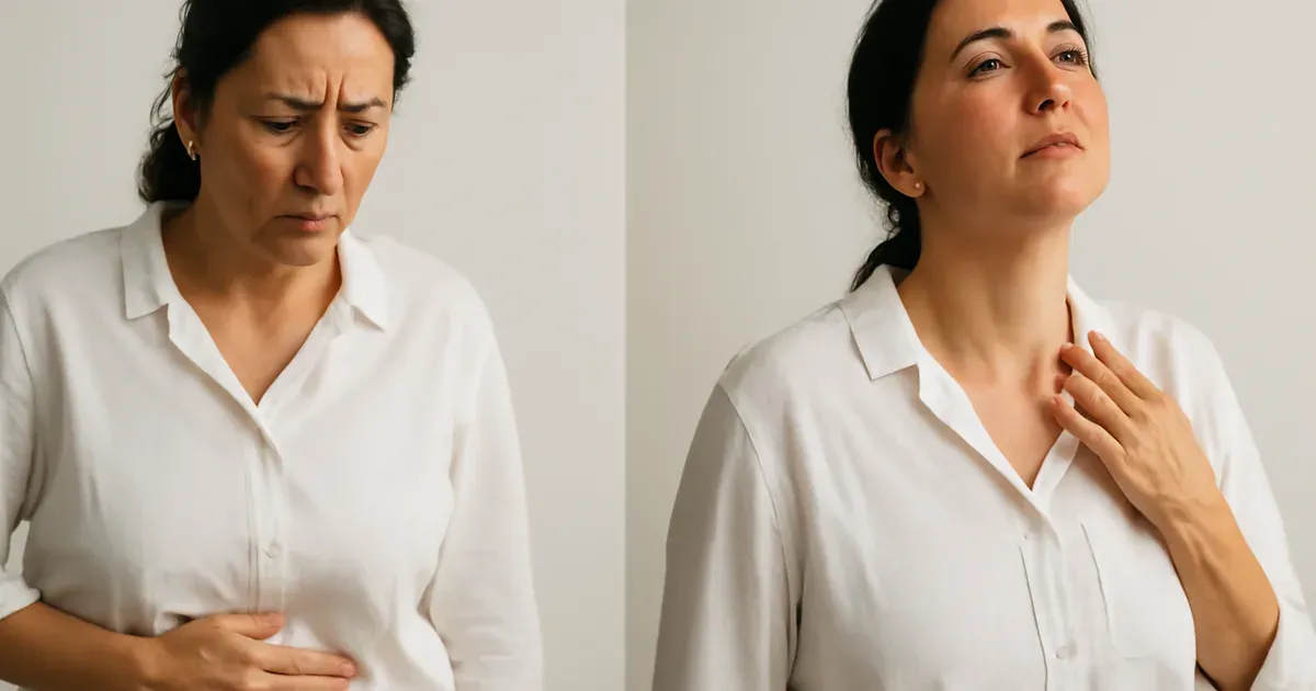 Woman experiencing gut discomfort and hot flash side by side, illustrating overlapping gut health and menopause symptoms
