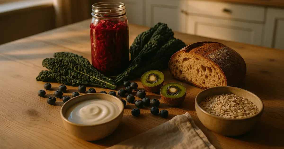 Gut-healthy foods on a kitchen table to support immune defence during cold and flu season