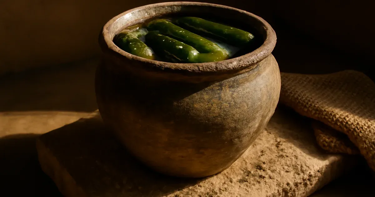 Ancient clay pot filled with brined cucumbers representing the history of pickling in Mesopotamia