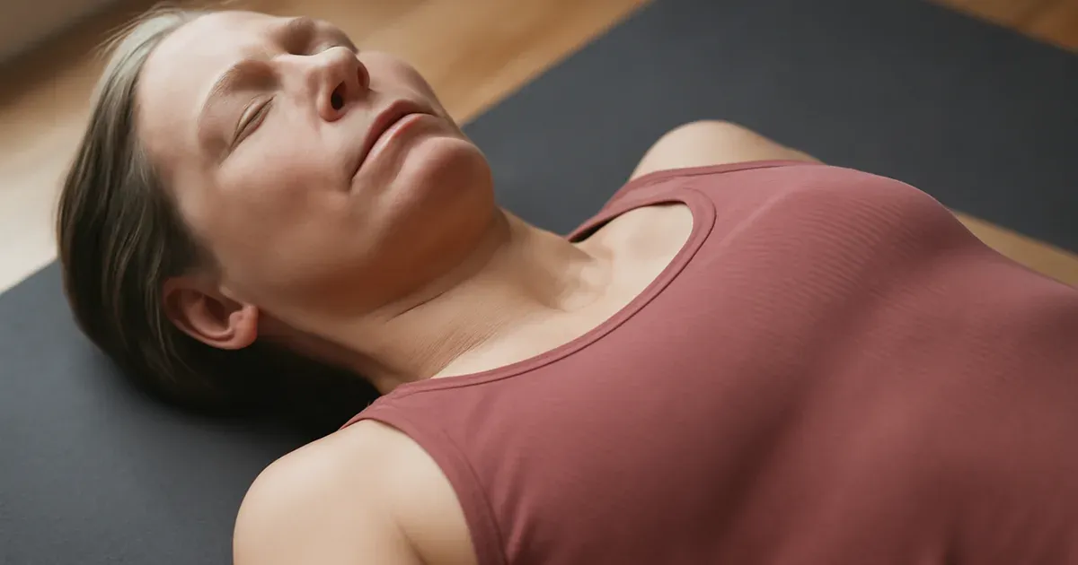 Woman practising slow breathing to reduce norepinephrine and cortisol during menopause
