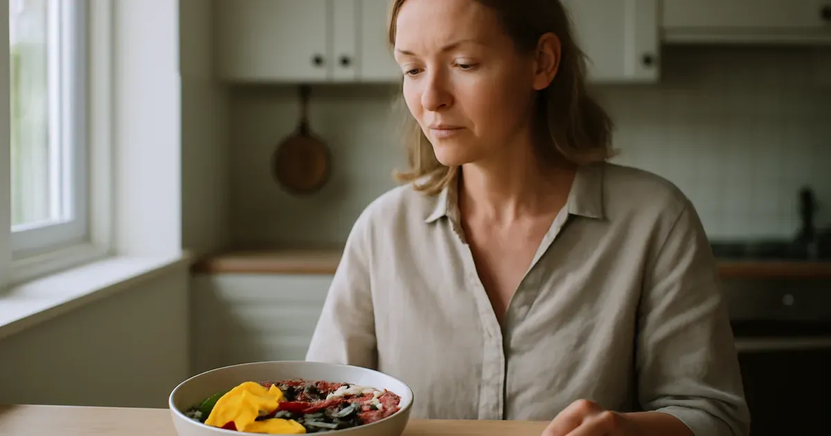 Woman in her 40s considering healthy foods to help reduce menopause belly fat in a bright kitchen