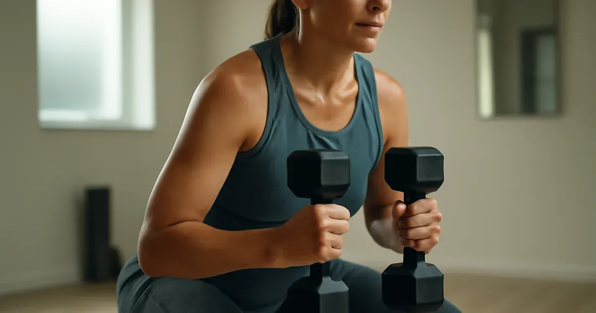 Woman strength training with dumbbells to improve insulin sensitivity and reduce menopause belly fat