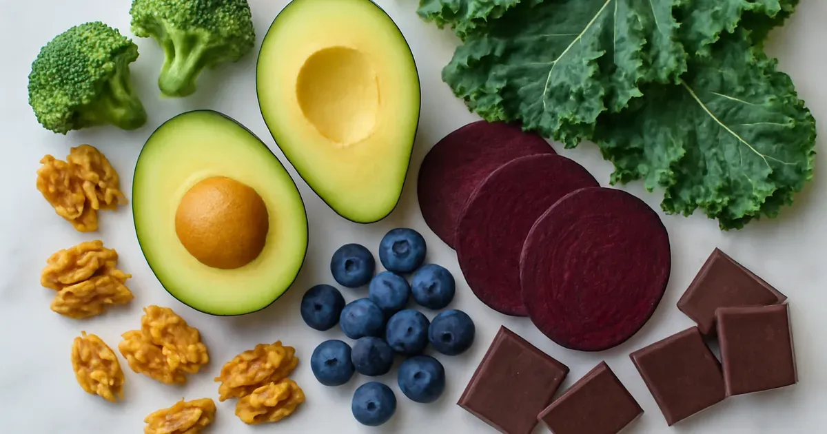 Anti-inflammatory foods including avocado, kale, broccoli and dark chocolate to support menopause belly fat loss