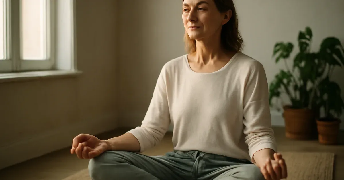 Woman meditating to reduce cortisol levels and support menopause belly fat loss