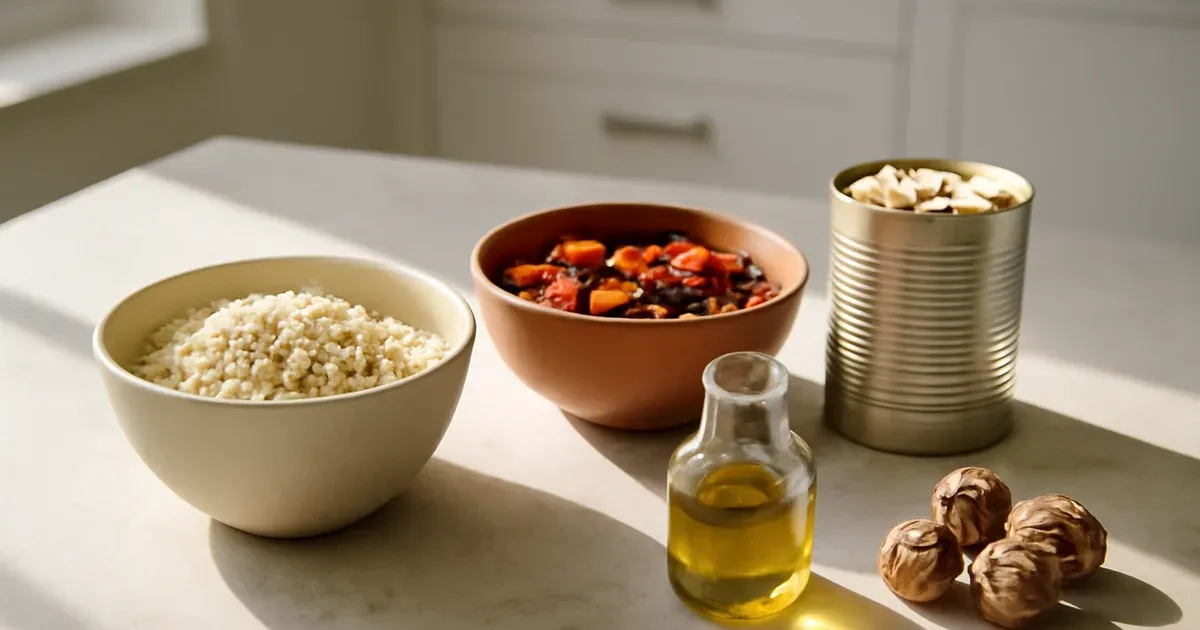 Anti-inflammatory meal prep for arthritis with quinoa, roasted vegetables, chickpeas and olive oil on a kitchen counter