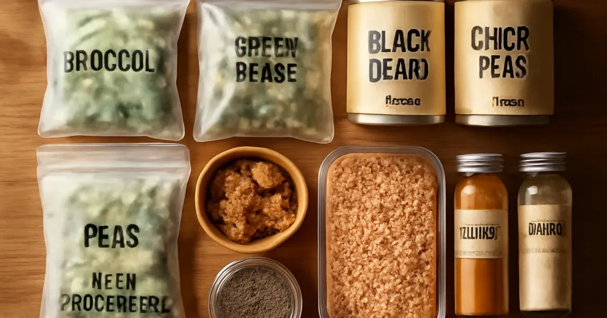 Strategic arthritis pantry with frozen vegetables, canned legumes, chia seeds, walnuts and anti-inflammatory spices