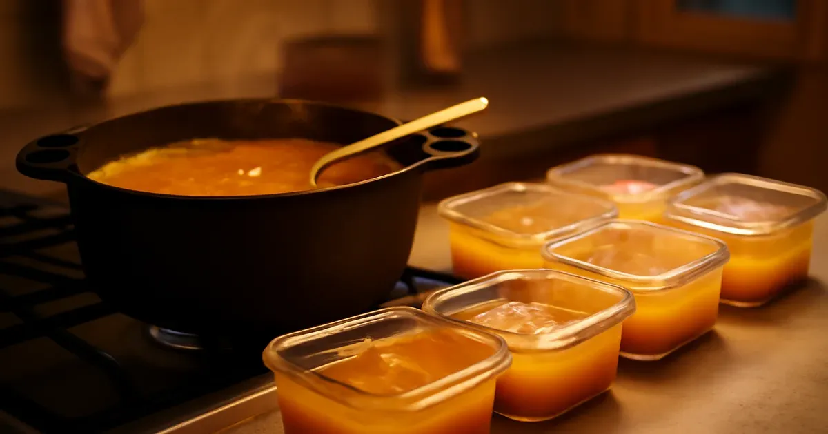 Batch cooking turmeric soup for arthritis meal prep with individual glass storage containers on kitchen counter