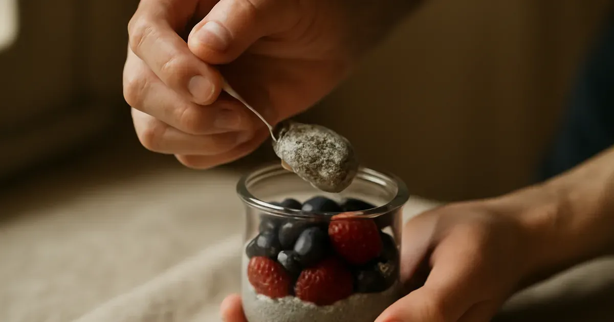 Person with arthritis preparing a simple chia seed pudding snack as part of an anti-inflammatory meal prep routine