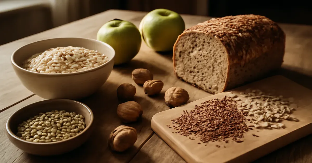 High-fiber foods including oats, lentils, apples, and seeds arranged on a wooden kitchen table — fiber macros