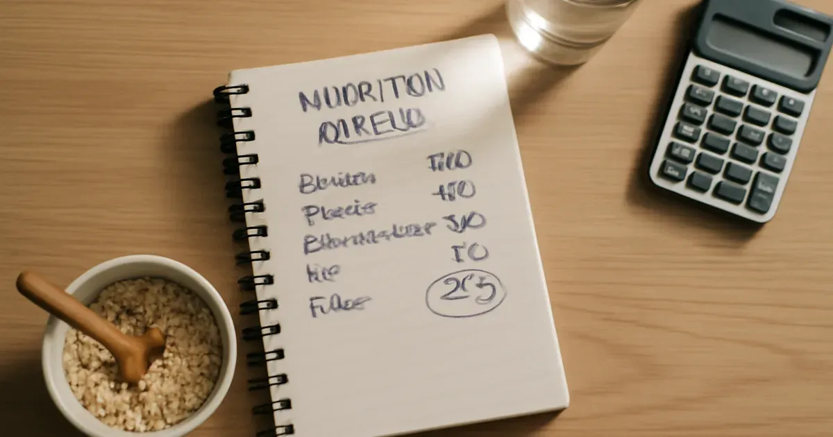 Nutrition journal showing calculated fiber macro target alongside a calculator and oats on a wooden desk