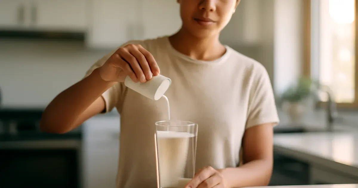 Person mixing psyllium husk fiber supplement into a glass of water in a bright modern kitchen