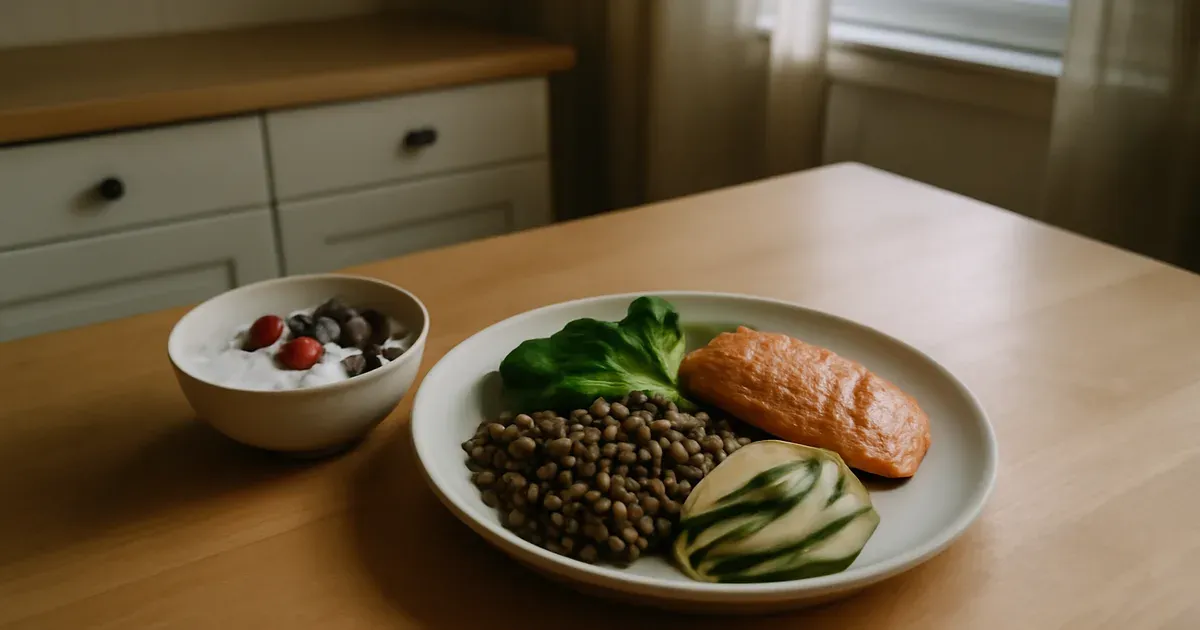 Balanced meal with salmon, legumes, avocado and yogurt — foods that help increase GLP-1 naturally