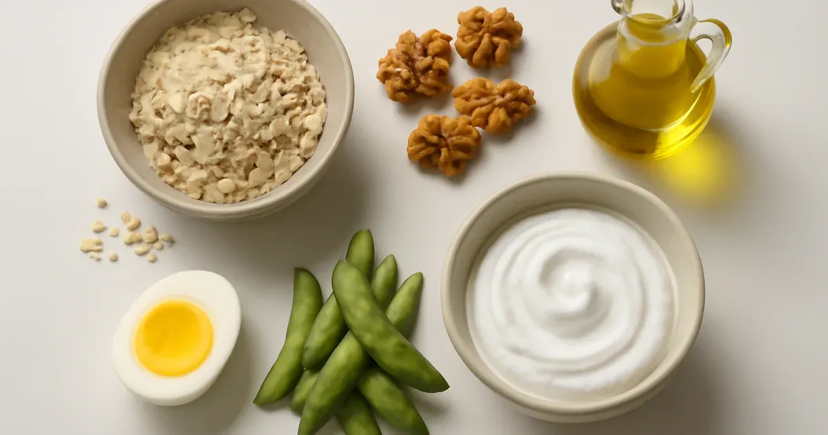 Whole foods including oats, walnuts, olive oil and eggs laid out — natural sources to boost GLP-1