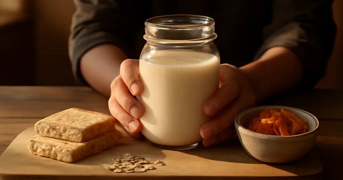 Fermented foods including kefir and kimchi beside high-fibre oats — gut health foods that increase GLP-1 naturally