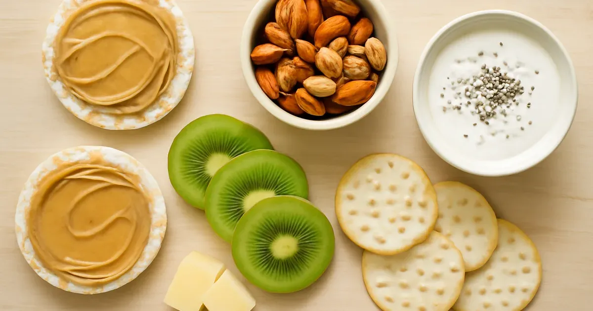 Flat lay of low FODMAP snacks including rice crackers, mixed nuts, kiwi fruit, lactose-free yoghurt and hard cheese