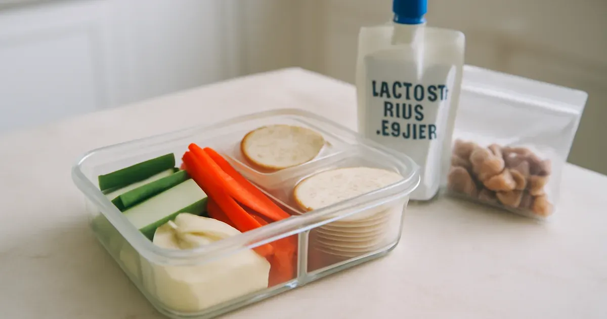Compartmentalised food container packed with low FODMAP snacks including vegetables, dip, rice crackers and nuts