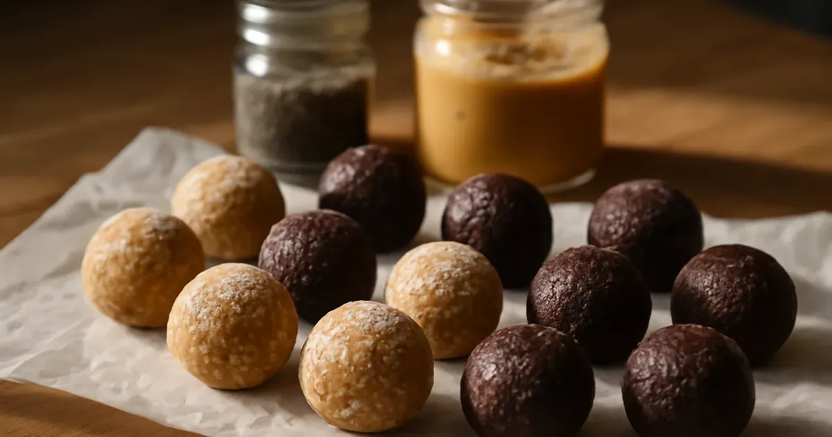 Batch of homemade low FODMAP peanut butter protein balls and double choc bliss balls on baking paper