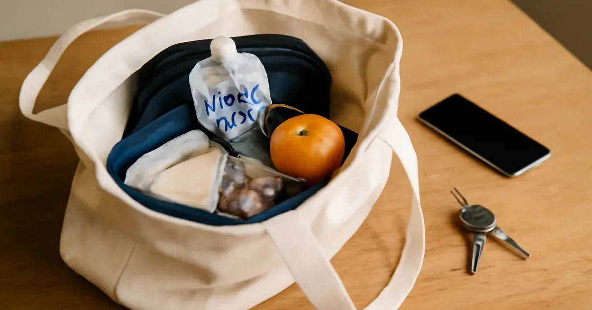 Tote bag packed with portable low FODMAP snacks including yoghurt pouch, cheese, nuts and mandarin for on-the-go eating