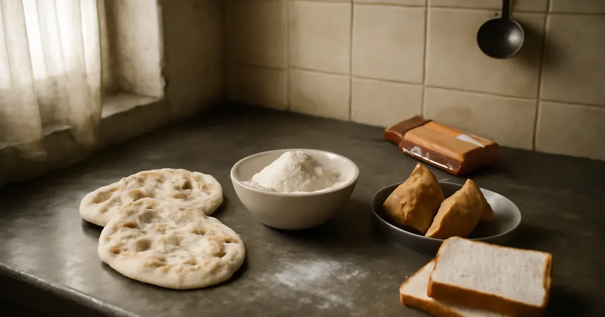 Everyday foods containing maida including naan, samosas and white bread on a kitchen counter — maida health effects