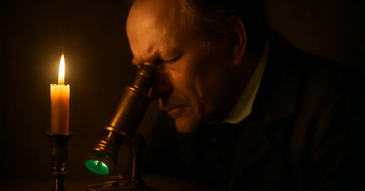 Illustration of Antony van Leeuwenhoek discovering oral microorganisms using an early microscope in 1674