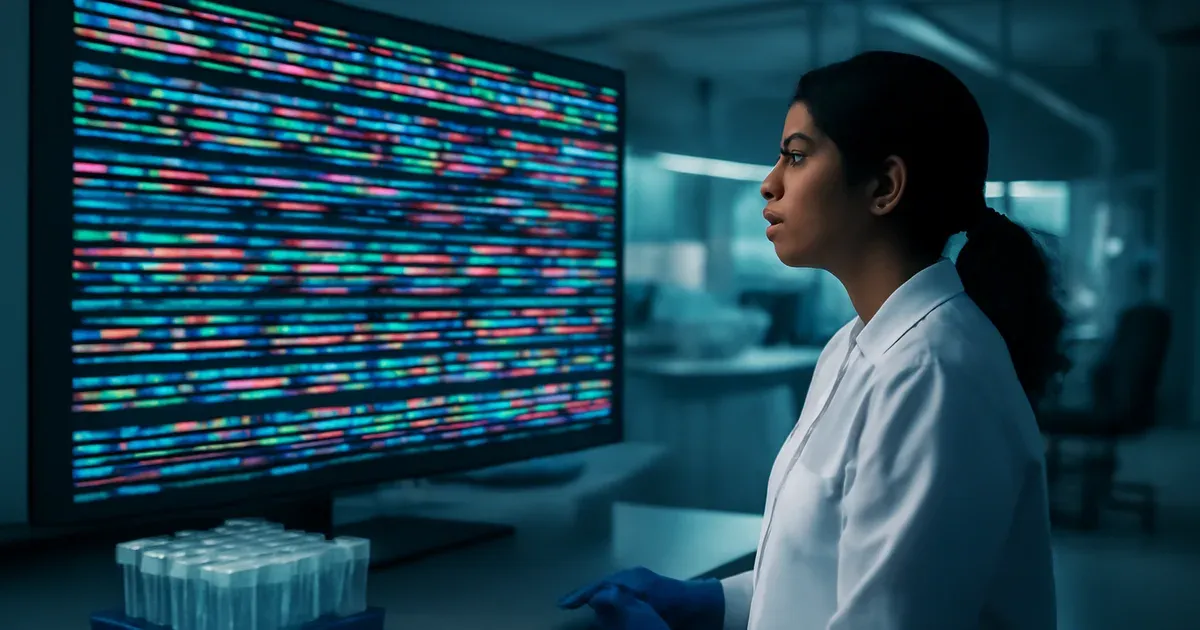 Scientist analysing oral microbiome 16S rRNA sequencing data on screen in modern genomics laboratory