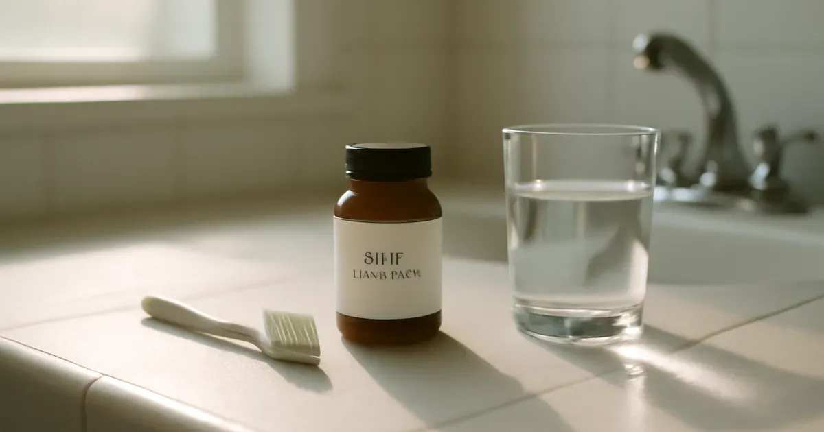 ProDentim oral probiotic supplement bottle on bathroom counter beside toothbrush and water glass