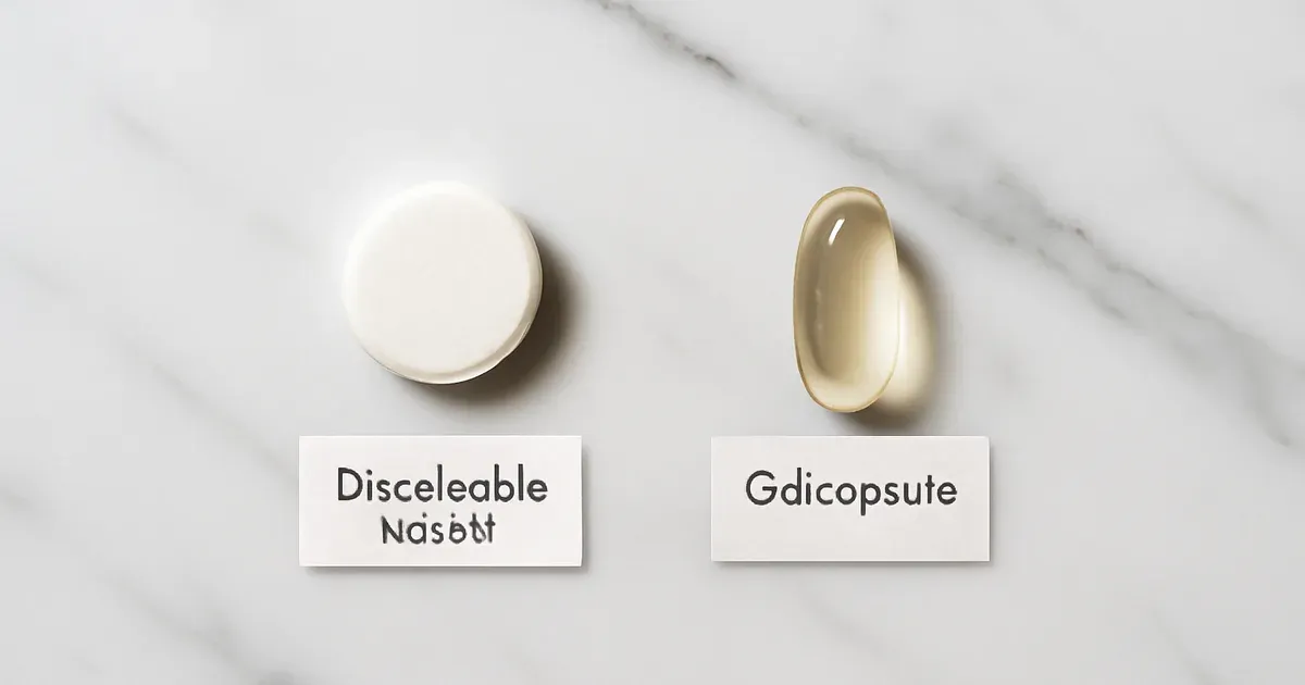 Dissolvable oral probiotic tablet versus standard gut probiotic capsule shown side by side on marble surface