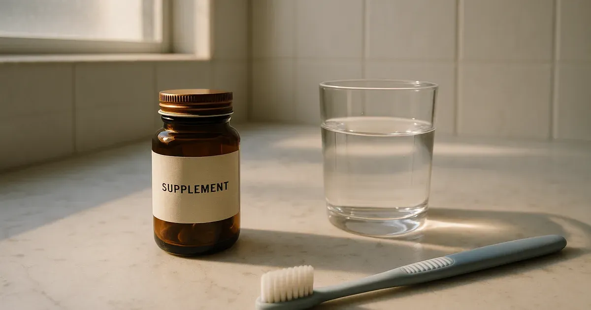 ProDentim oral probiotic supplement bottle on a bathroom countertop alongside a toothbrush and water
