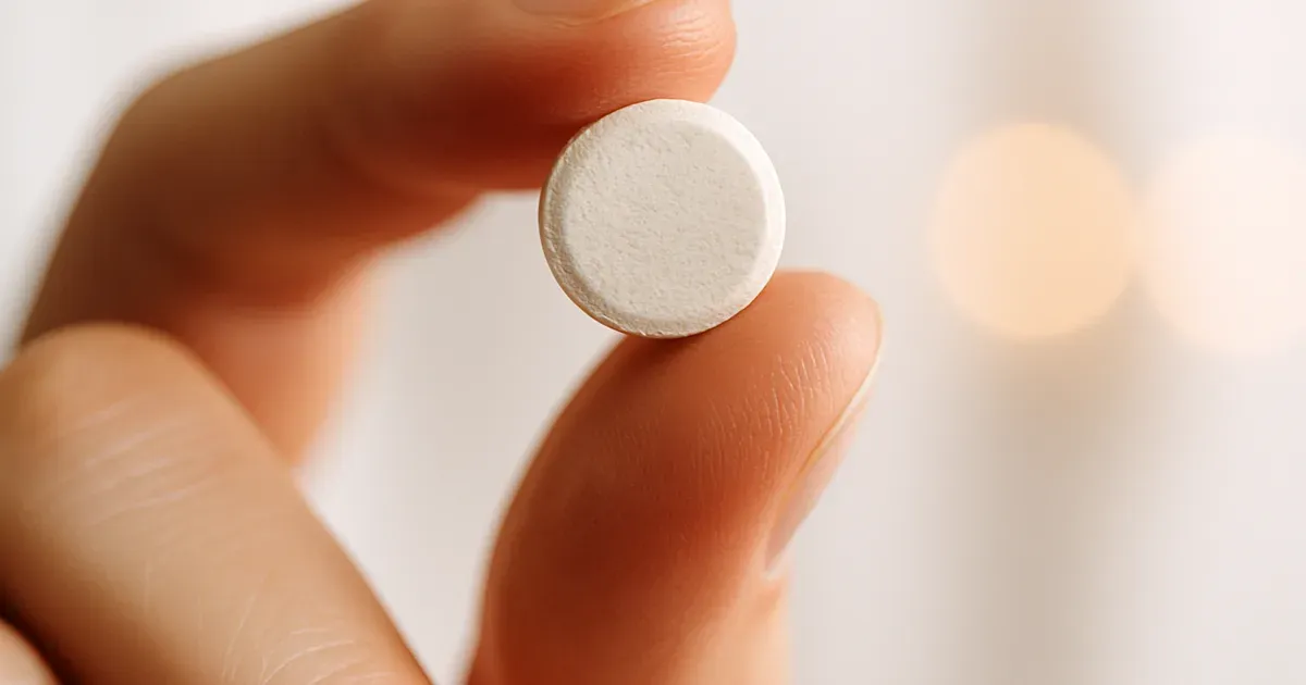 Close-up of a chewable ProDentim oral probiotic tablet held between fingers against a white background