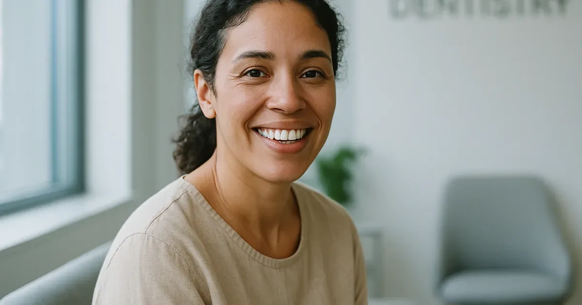 Person smiling confidently with healthy teeth in a bright dental office, representing improved oral health from ProDentim