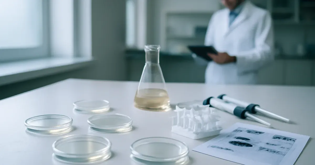 Laboratory research on sialic acid PCOS gut microbiota with petri dishes and scientific equipment on bench