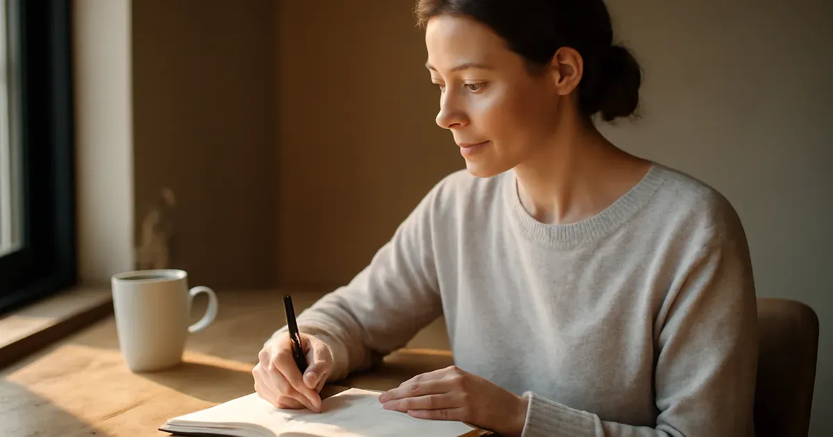 Woman over 40 journaling her health goals, illustrating the mindset needed for weight loss in your 40s