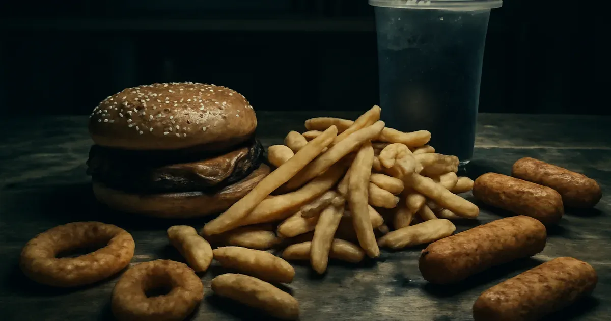 Greasy fast foods including chips, burger and cola drink — common triggers for poor gut health