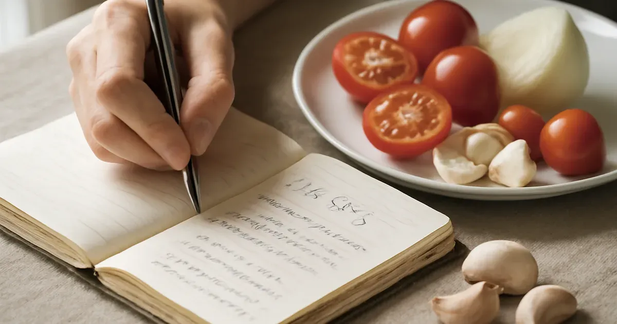 Person writing in a food diary to track gut health food triggers including acidic foods and spices