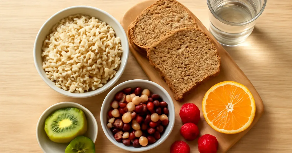 High-fibre gut health foods including brown rice, beans, wholemeal bread and fresh fruit on a table