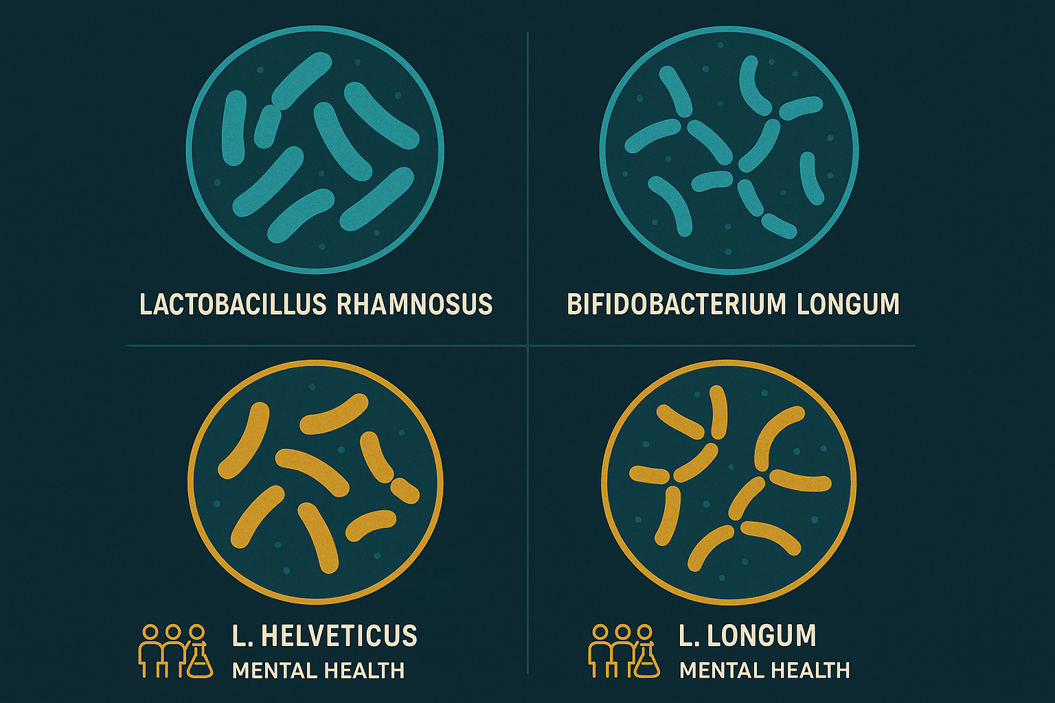 Scientific illustration of four probiotic strains with their clinical evidence for mental health benefits