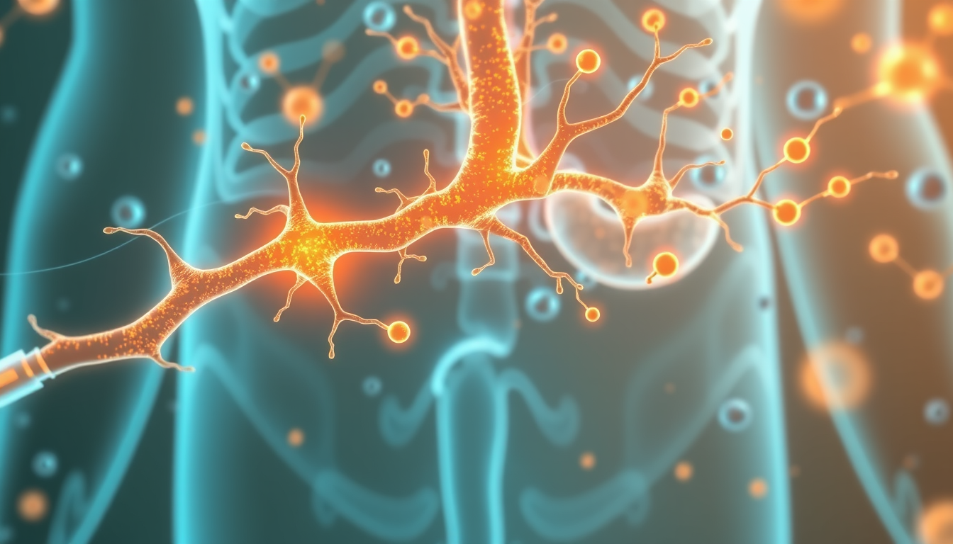 Cross-section illustration of the gut-brain axis showing neural pathways connecting the intestinal microbiome to the brain