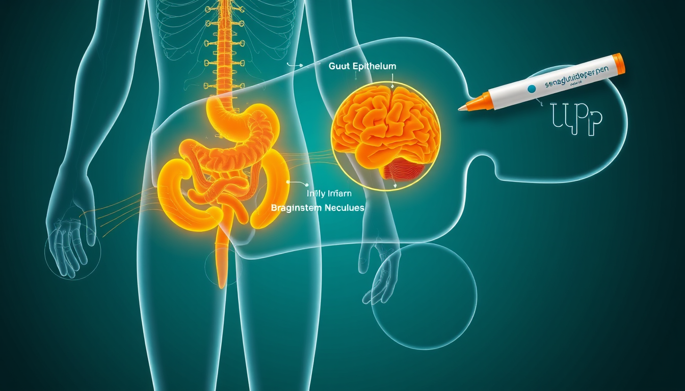 Scientific illustration showing GLP-1 receptor distribution across the gut, vagus nerve, and brain with semaglutide molecule