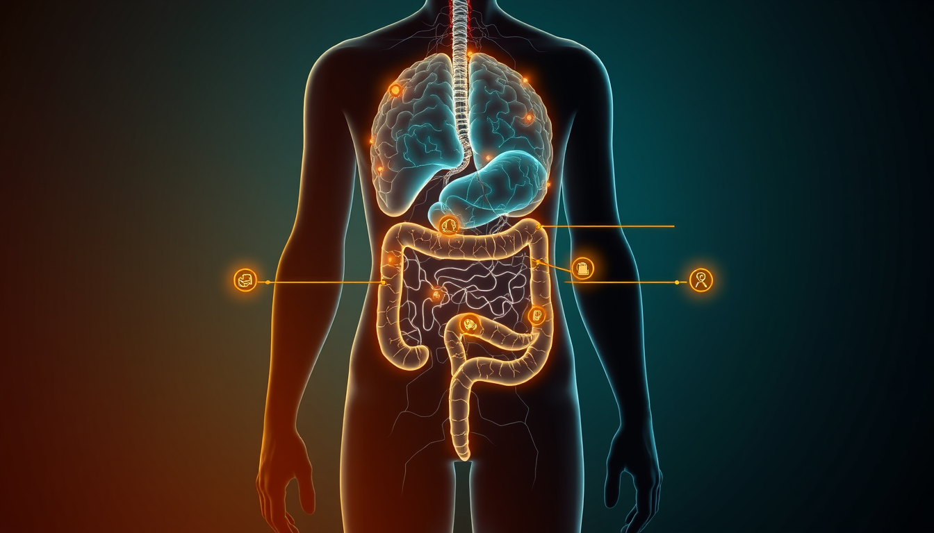 Illustration showing the gut-brain connection with seven indicator signals highlighted