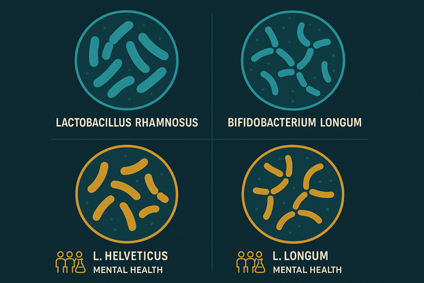 Scientific illustration of four probiotic strains with their clinical evidence for mental health benefits