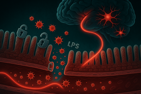 Scientific illustration of intestinal permeability with LPS crossing the gut barrier into the bloodstream and reaching the brain
