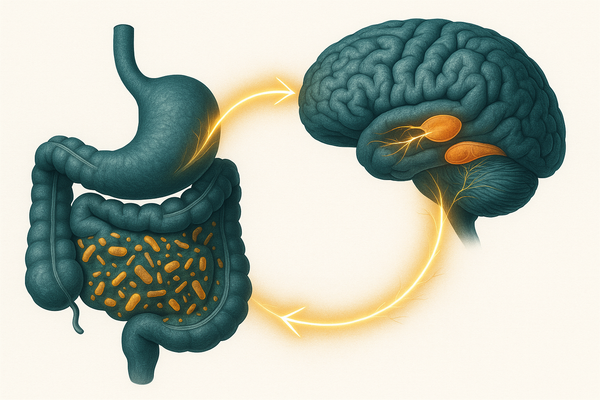 Scientific illustration showing the bidirectional gut-anxiety connection with dysbiosis pathways and the gut-brain axis