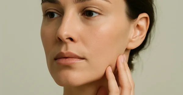 Woman examining her jaw skin in soft natural light — hormonal acne and gut-skin axis guide