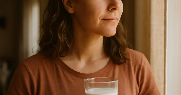 Woman in morning light holding a glass of kefir — clear, healthy skin